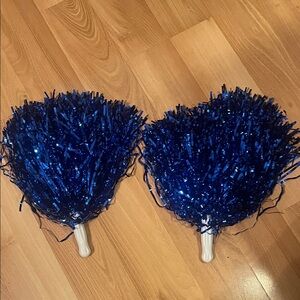 2 blue cheerleading pom poms with baton handles.Pom Poms for Cheer or Home Party